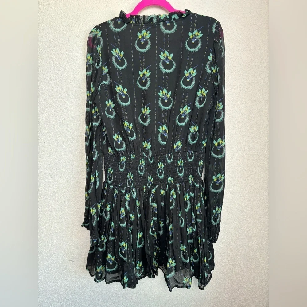 Free People Black Wild Horses Peacock Print Boho Long Sleeve Flounce Hem Dress M